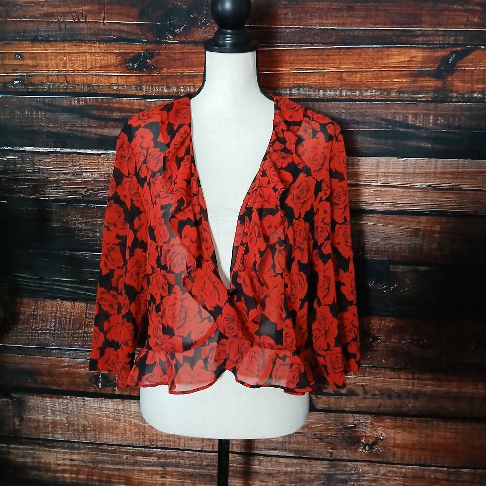 Leslie Fay Vintage Top 14 Petite Cropped Ruffle Rose Print 3/4 Sleeve